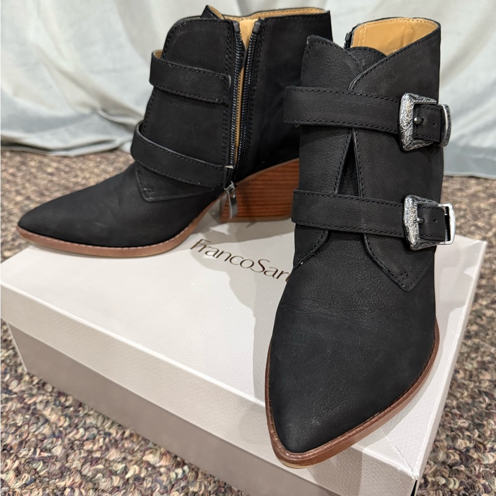 Franco Sarto Black Ankle Booties with Buckle Detail
